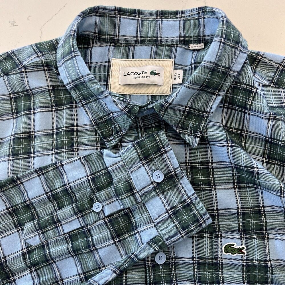 Lacoste Mens Cotton Checkered Collared Button-Down Shirt Green Size L